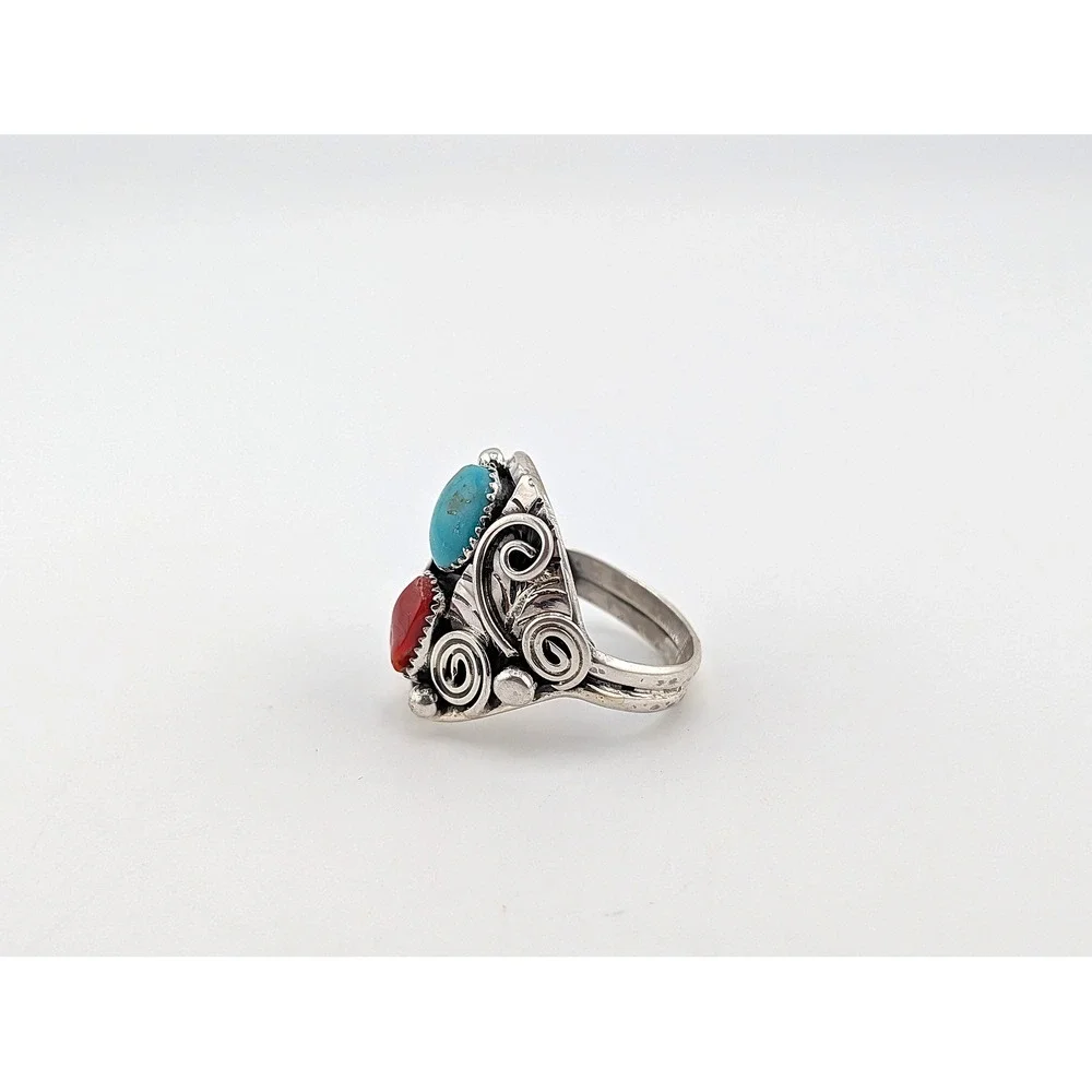 Navajo Men's Ring Sterling Turquoise Coral by Lorena Brown‎ 10.5 Southwest **